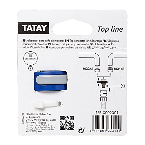 Tatay Adaptador Universal Top Line para Grifo de Interiores, Rosca Externa 24mm, Rosca Interna 22mm, Conector Universal, Protección Solar, Fácil Instalación, Azul