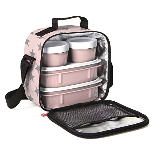 Tatay Urban Food Casual - Bolsa Térmica Porta Alimentos, 3L de Capacidad, con 4 Tuppers Herméticas, 2 x 0.5L, 2 x 0.2L, Color Rosa con Estrellas, Medidas 22.5 x 10 x 22 cm