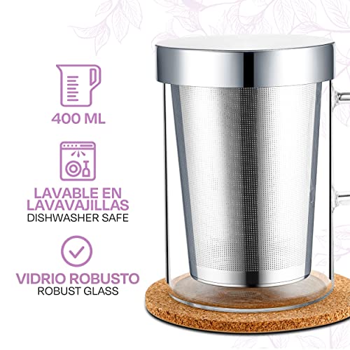 Taza de Te con Filtro y Tapa - Con Posavasos de Corcho - Vaso de Cristal de Borosilicato - Taza Grande de 400 ml