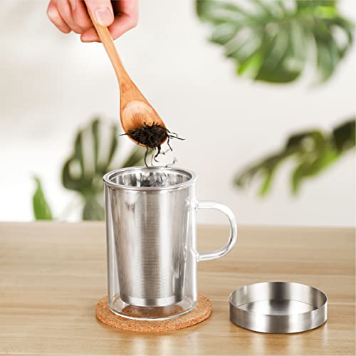 Taza de Te con Filtro y Tapa - Con Posavasos de Corcho - Vaso de Cristal de Borosilicato - Taza Grande de 400 ml