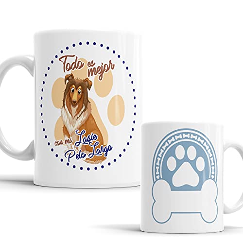 Taza mascota raza Lasie Pelo Largo - taza perro con Frase y Dibujo - Taza canina - Taza el mejor perro - cerámica blanca resistente (Lasie Pelo Largo)