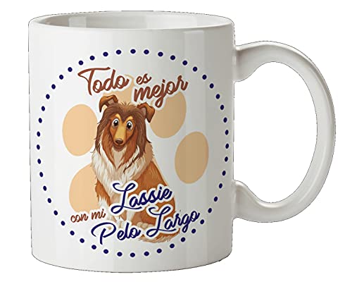 Taza mascota raza Lasie Pelo Largo - taza perro con Frase y Dibujo - Taza canina - Taza el mejor perro - cerámica blanca resistente (Lasie Pelo Largo)