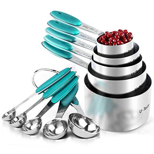 Tazas Medidoras, U-Taste Juego de 10 Tazas y Cucharas Medidoras de Acero Inoxidable 18/8, Mango de Grosor Mejorado (Verde Azulado/Turquesa)