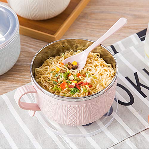 Tazón de fideos instantáneos con tapa y asa, recipiente de acero inoxidable para arroz, cuenco de sopa, doble aislamiento, utensilios para el hogar (14 x 9,5 cm), color rosa