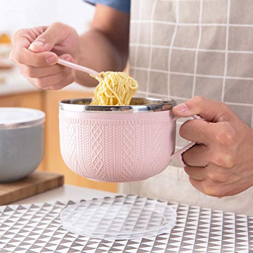 Tazón de fideos instantáneos con tapa y asa, recipiente de acero inoxidable para arroz, cuenco de sopa, doble aislamiento, utensilios para el hogar (14 x 9,5 cm), color rosa