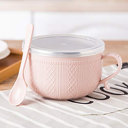 Tazón de fideos instantáneos con tapa y asa, recipiente de acero inoxidable para arroz, cuenco de sopa, doble aislamiento, utensilios para el hogar (14 x 9,5 cm), color rosa