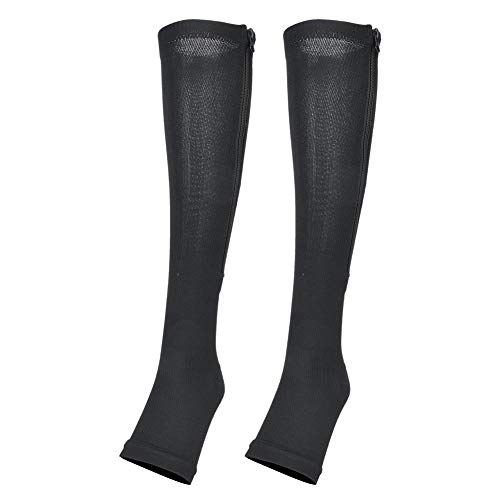 Tbest 1 Par De Medias De Compresión, Médicos con Cremallera Calcetines hasta La Mitad De La Pantorrilla Mallas Delgadas Calcetines Elásticos Punta Abierta Soporte para La Rodilla Unisex(L/XL Negro)