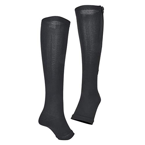 Tbest 1 Par De Medias De Compresión, Médicos con Cremallera Calcetines hasta La Mitad De La Pantorrilla Mallas Delgadas Calcetines Elásticos Punta Abierta Soporte para La Rodilla Unisex(L/XL Negro)