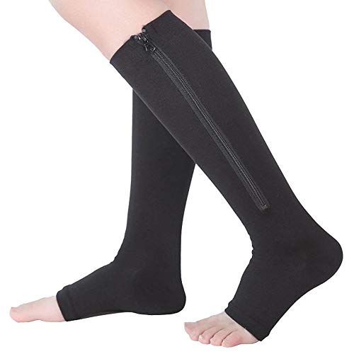 Tbest 1 Par De Medias De Compresión, Médicos con Cremallera Calcetines hasta La Mitad De La Pantorrilla Mallas Delgadas Calcetines Elásticos Punta Abierta Soporte para La Rodilla Unisex(L/XL Negro)