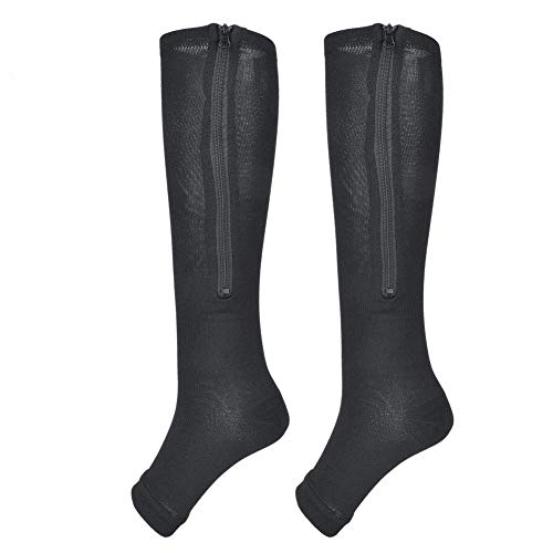 Tbest 1 Par De Medias De Compresión, Médicos con Cremallera Calcetines hasta La Mitad De La Pantorrilla Mallas Delgadas Calcetines Elásticos Punta Abierta Soporte para La Rodilla Unisex(L/XL Negro)