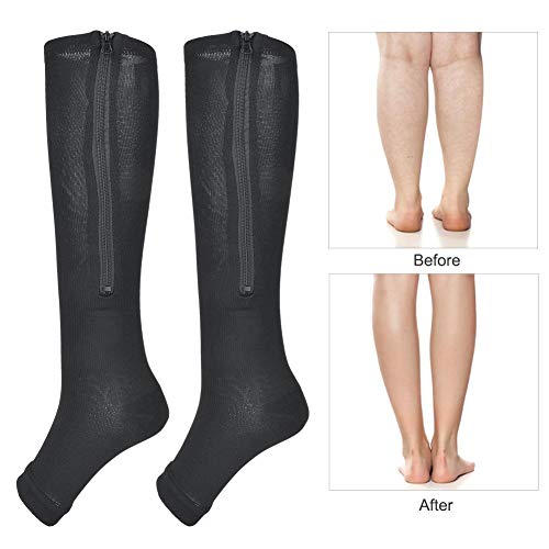 Tbest 1 Par De Medias De Compresión, Médicos con Cremallera Calcetines hasta La Mitad De La Pantorrilla Mallas Delgadas Calcetines Elásticos Punta Abierta Soporte para La Rodilla Unisex(L/XL Negro)