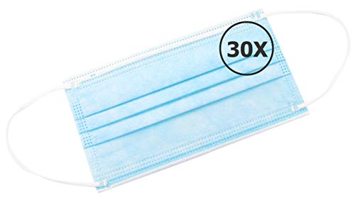TBOC Mascarilla Higiénica No Reutilizable - [Pack 30 Unidades] Máscara 3 Capas [Azul] Ligera Suave y Transpirable [Desechables] con Pinza Nasal Protección Facial [Alta Filtración]