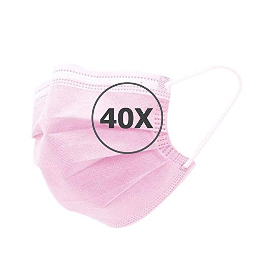 TBOC Mascarilla Higiénica No Reutilizable - [Pack 40 Unidades] [Color Rosa] Antipolen Antipolvo Ligera Suave y Transpirable [Desechables] con Pinza Nasal Protección Facial [Alta Filtración]