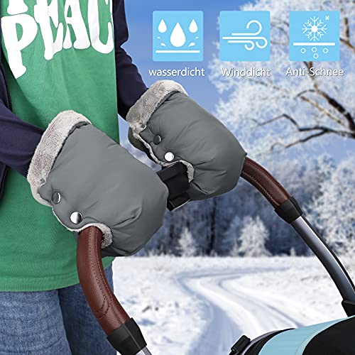 TBoonor Manoplas Carro Bebe Guantes Silla Paseo Guantes Cochecito Bebe para silla de paseo con interior de forro Prueba de Viento Bebé Guante para Todos los Cochecitos (Gris)