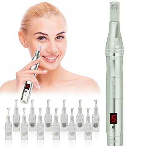 TBPHP M1 Derma Pen Eléctrico Microagujas Pantalla LCD con 12 Piezas Micro Agujas de Cabello Cicatriz Acné Cicatrices Arrugas(Dolado)