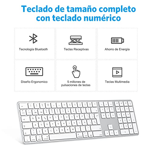 Teclado Inalambrico para Mac OS (Macbook, Mac Mini, iMac, Mac Pro), Teclado Recargable, Teclado Bluetooth para Mac OS, OMOTON, 3 Bluetooths