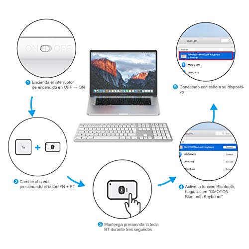 Teclado Inalambrico para Mac OS (Macbook, Mac Mini, iMac, Mac Pro), Teclado Recargable, Teclado Bluetooth para Mac OS, OMOTON, 3 Bluetooths