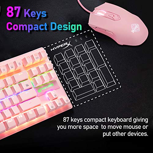 Teclado mecánico para videojuegos, 3 en 1,con cable 87 teclas, interruptor azul, teclado mecánico con 8 modos retroiluminados arco iris, 29 teclas antifantasma + 7 LED retroiluminado programable rosa