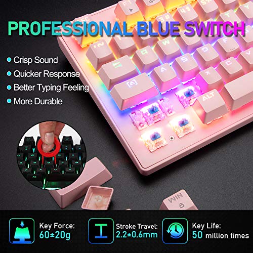 Teclado mecánico para videojuegos, 3 en 1,con cable 87 teclas, interruptor azul, teclado mecánico con 8 modos retroiluminados arco iris, 29 teclas antifantasma + 7 LED retroiluminado programable rosa