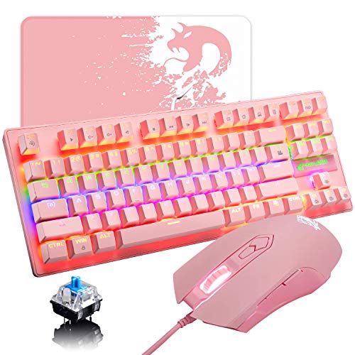 Teclado mecánico para videojuegos, 3 en 1,con cable 87 teclas, interruptor azul, teclado mecánico con 8 modos retroiluminados arco iris, 29 teclas antifantasma + 7 LED retroiluminado programable rosa