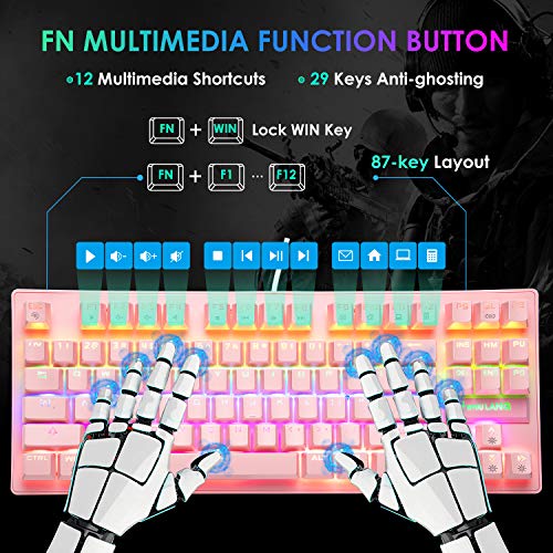 Teclado mecánico para videojuegos, 3 en 1,con cable 87 teclas, interruptor azul, teclado mecánico con 8 modos retroiluminados arco iris, 29 teclas antifantasma + 7 LED retroiluminado programable rosa