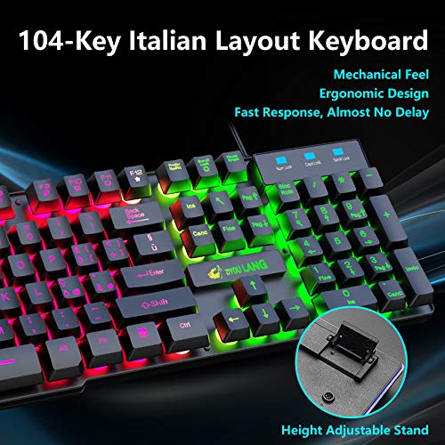 Teclado para juegos con disposición italiana Combo Mouse Teclado para juegos USB retroiluminado con retroiluminación arcoíris+2400 DPI Ratón de juego LED óptico+alfombrilla para ratón (negro)