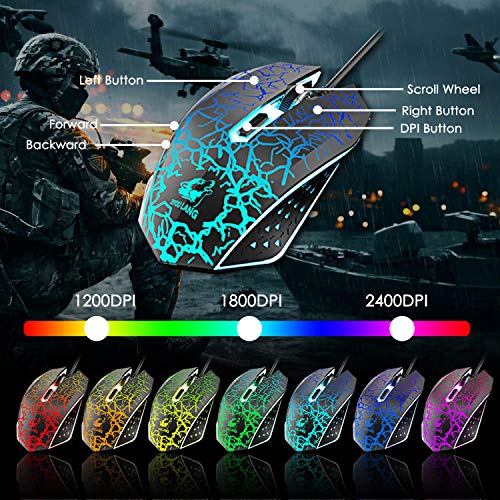 Teclado para juegos con disposición italiana Combo Mouse Teclado para juegos USB retroiluminado con retroiluminación arcoíris+2400 DPI Ratón de juego LED óptico+alfombrilla para ratón (negro)