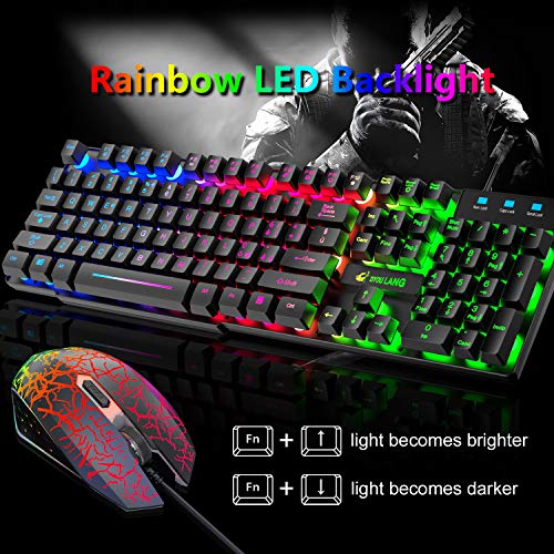 Teclado para juegos con disposición italiana Combo Mouse Teclado para juegos USB retroiluminado con retroiluminación arcoíris+2400 DPI Ratón de juego LED óptico+alfombrilla para ratón (negro)