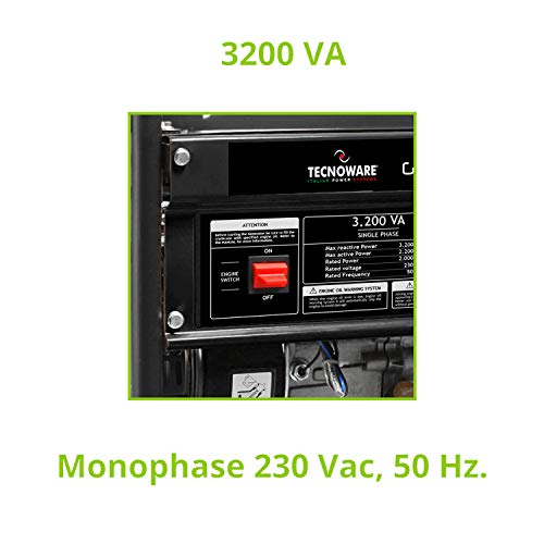 Tecnoware Generador Eléctrico 3200VA - Monofásico 230 Vac, 50 Hz - Motor de combustión interna a Gasolina (Capacidad del Tanque 15 L) - Arranque Manual
