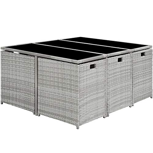 TecTake 800821 Conjunto de Muebles de jardín, Mobiliario de Exterior de ratán sintético, Juego de Mesa y sillas de Comedor con Tornillos de Acero Inoxidable (Gris Claro)