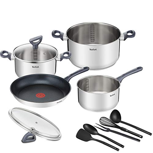 Tefal Daily Cook - Juego de 1 Sartén y 3 Ollas + Tapas y Accesorios: Sartén 28 cm, Cazo 16 cm, Ollas 20/24 cm de acero inoxidable, 2 tapas vidrio, 5 accesorios cocina, Thermospot, todo tipo de cocinas