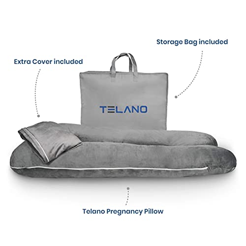 Telano Almohada Embarazada Premium XXL Almohada Bebé - 2 Funda Almohada 1 Bolsa de Almacenamiento – 145x80cm Relleno 2,3kg – Funda Lavable - Gris