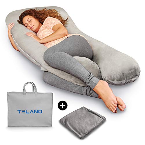 Telano Almohada Embarazada Premium XXL Almohada Bebé - 2 Funda Almohada 1 Bolsa de Almacenamiento – 145x80cm Relleno 2,3kg – Funda Lavable - Gris