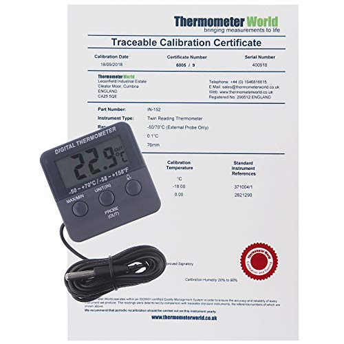 Termómetro digital calibrado para frigorífico y congelador con certificado de calibración rastreable de 2 puntos