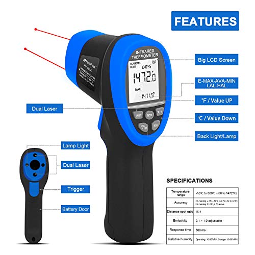 Termómetro Infrarrojo Digital HOLDPEAK Sin Contacto -150 a 2732℉(-50 a 1500℃) IR Láser Temperatura Gun con Láser LCD Retroiluminada Emisividad Ajustable,Adecuado para uso Industrial (-50 ℃ a 1500 ℃)