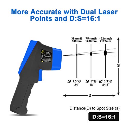 Termómetro Infrarrojo Digital HOLDPEAK Sin Contacto -150 a 2732℉(-50 a 1500℃) IR Láser Temperatura Gun con Láser LCD Retroiluminada Emisividad Ajustable,Adecuado para uso Industrial (-50 ℃ a 1500 ℃)