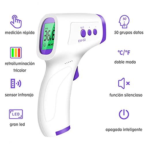 Termómetro Infrarrojos, Termómetro Digital Termómetro Infrarrojos sin contacto Termómetro de Frente con Pantalla LCD/50 Grupos Datos/Alarma de Fiebre para Bebé Adultos Humanos Cocina