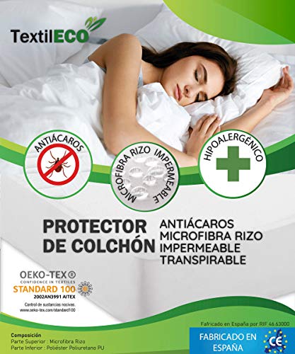 TextilECO Cubre Colchon 135x190. Protector Colchon 135 de Rizo y Poliuretano PU. Funda Colchon Goma Elastica. Antiacaros. Suave Comodo Lavable. Microrizo. Cama 135 x 190/200 cm