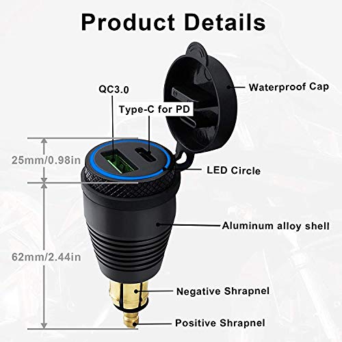 Tiamu Conector DIN Hella para motocicleta, cargador impermeable, un cargador USB QC3.0 y tipo C de 30 W