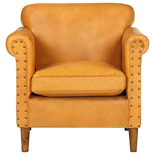 Tidyard Sillón Forma Cubo de Cuero Auténtico Rectangular Tapizado Diseño Moderno Elegante Butaca Vintage Estilo Sillón de TV Robustas y Estable Marrón Canela