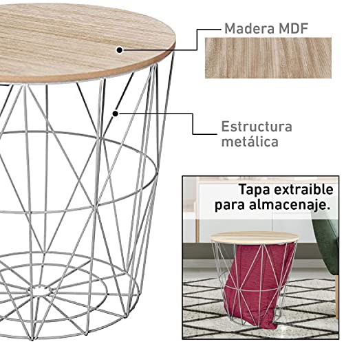 TIENDA EURASIA® Mesa Auxiliar Nordica - Mesas Auxiliares de Centro - Estructura Metalica y Tapa de Madera Extraible - Ideal para Combinar en Salones y Dormitorios (Gris, D 41 x H 40 cm)