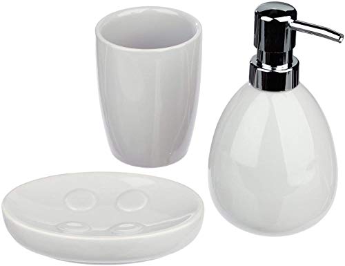 TIENDA EURASIA® Pack 3 Accesorios de Baño de Cerámica - 3 Colores - Incluye Dispensador + Vaso + Jabonera (Blanco)