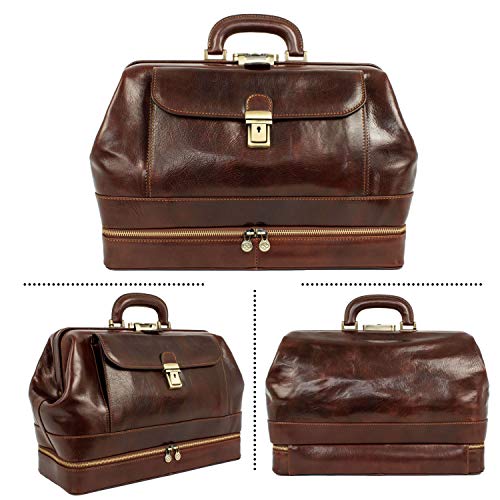 Time Resistance Maletín de Médico Profesional de Piel - Estilo Vintage con Cuero de Vachetta, Hecho a Mano en Italia - Bolso Ideal para Hombres y Mujeres Profesionales de la Salud, Color Marrón Oscuro