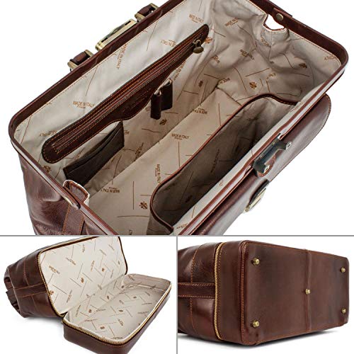Time Resistance Maletín de Médico Profesional de Piel - Estilo Vintage con Cuero de Vachetta, Hecho a Mano en Italia - Bolso Ideal para Hombres y Mujeres Profesionales de la Salud, Color Marrón Oscuro
