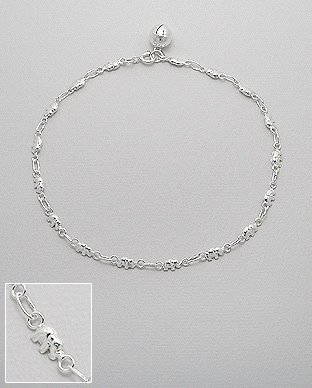 Tobillera de Plata de ley con cascabel y diseño de elefantes. Ajustable de 25 cm, 5 gramos65-90-296.