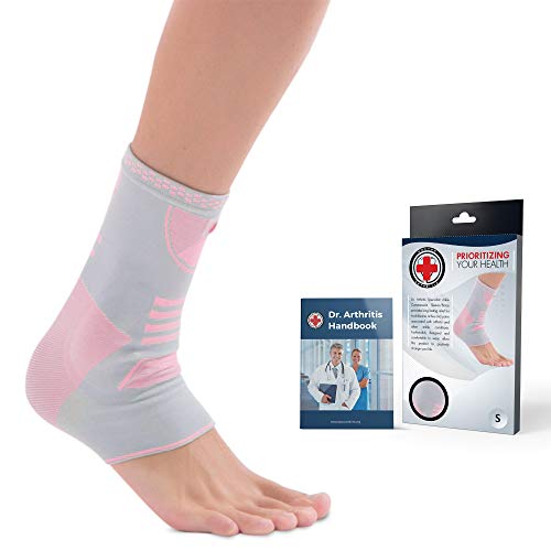 Tobillera Esguinces y Fascitis Plantar con Almohadilla Acolchada de Silicona para Mayor Comodidad - Incluye Manual Escrito por Médico - 1 Unidad - Rosa/Gris Talla S