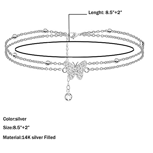 Tobilleras de plata de mariposa de 14 quilates para mujer – tobilleras ajustables para mujer – joyería tobillera regalos para mujeres adolescentes y niñas (incluye caja de regalo), Plata de ley,