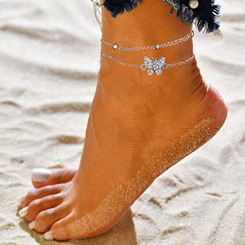 Tobilleras de plata de mariposa de 14 quilates para mujer – tobilleras ajustables para mujer – joyería tobillera regalos para mujeres adolescentes y niñas (incluye caja de regalo), Plata de ley,