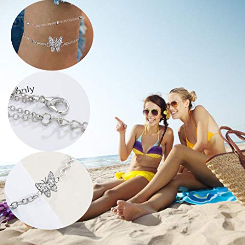 Tobilleras de plata de mariposa de 14 quilates para mujer – tobilleras ajustables para mujer – joyería tobillera regalos para mujeres adolescentes y niñas (incluye caja de regalo), Plata de ley,
