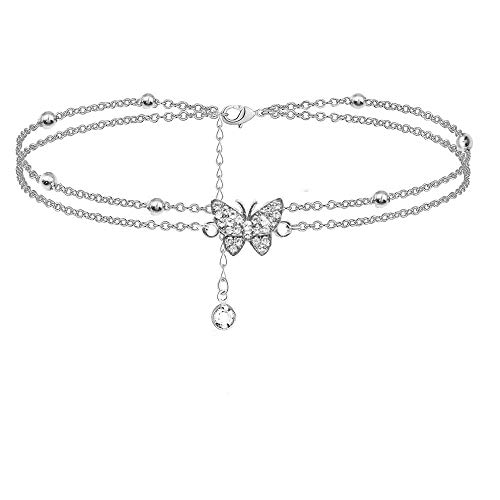 Tobilleras de plata de mariposa de 14 quilates para mujer – tobilleras ajustables para mujer – joyería tobillera regalos para mujeres adolescentes y niñas (incluye caja de regalo), Plata de ley,